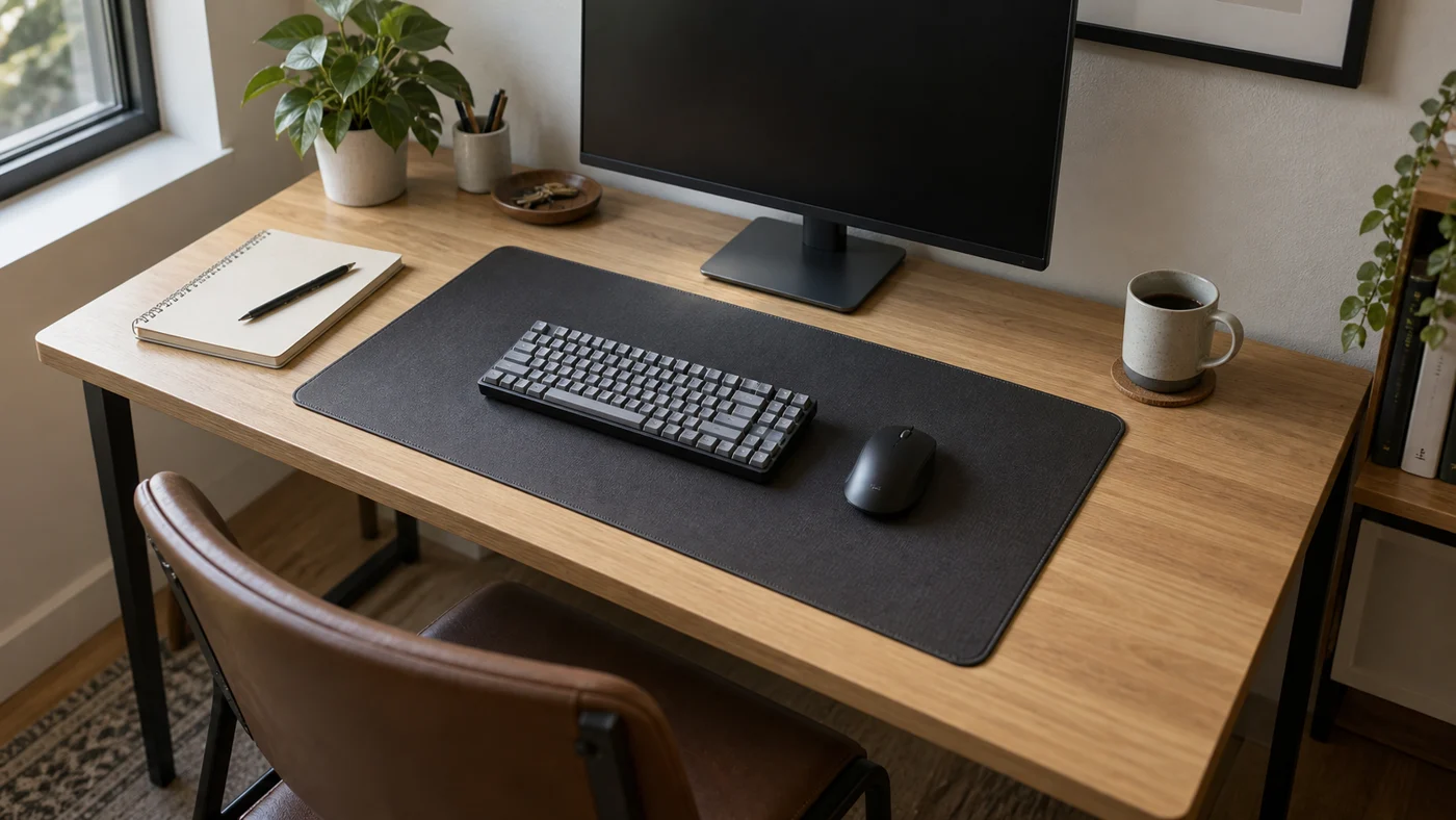 Compact wooden desk with a desk mat, keyboard and mouse
