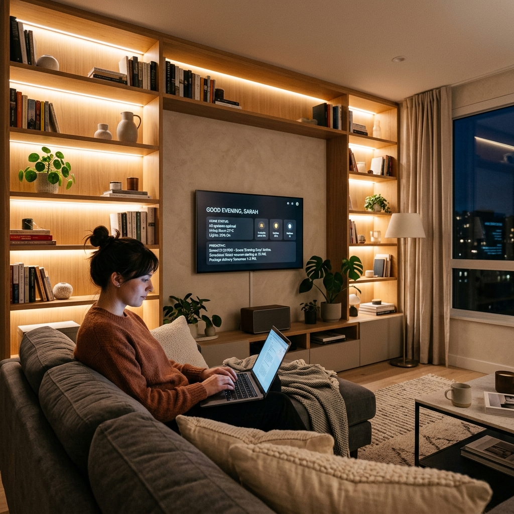 Modern cozy living room with a person working on a laptop, warm ambient lighting, and a minimal wall-mounted smart home display showing predictive data