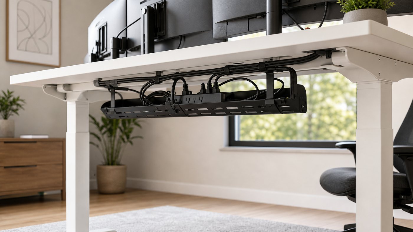 Neat under desk cable management tray on a standing desk with dual curved monitors