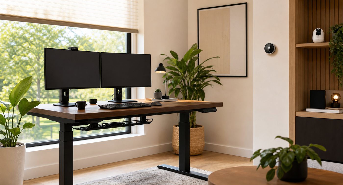 Modern ergonomic home office with smart home devices and organized remote work setup