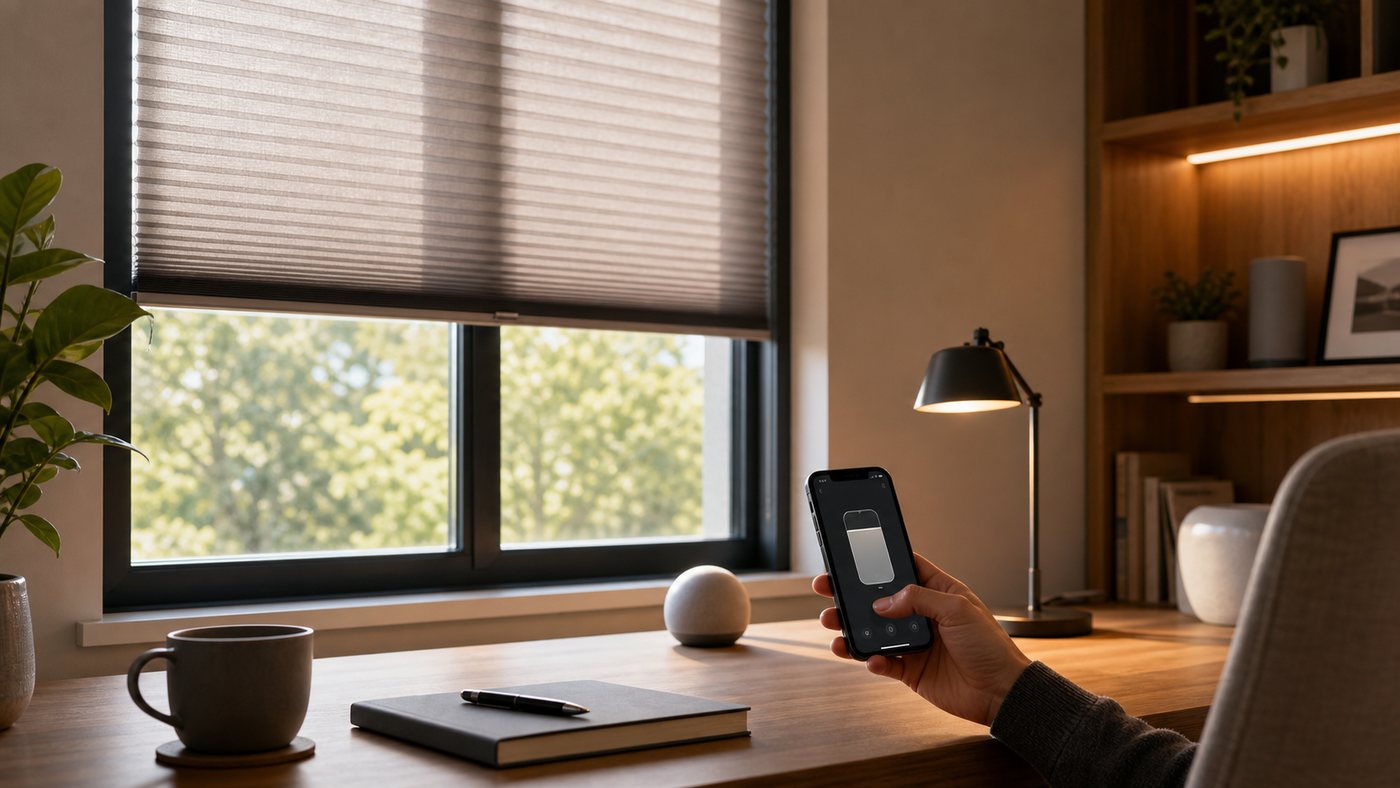 Home office window with automated smart blinds and soft daylight controlled by phone