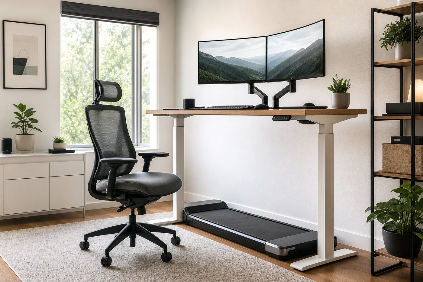 Tall user friendly standing desk with monitor arms ergonomic chair and under desk treadmill