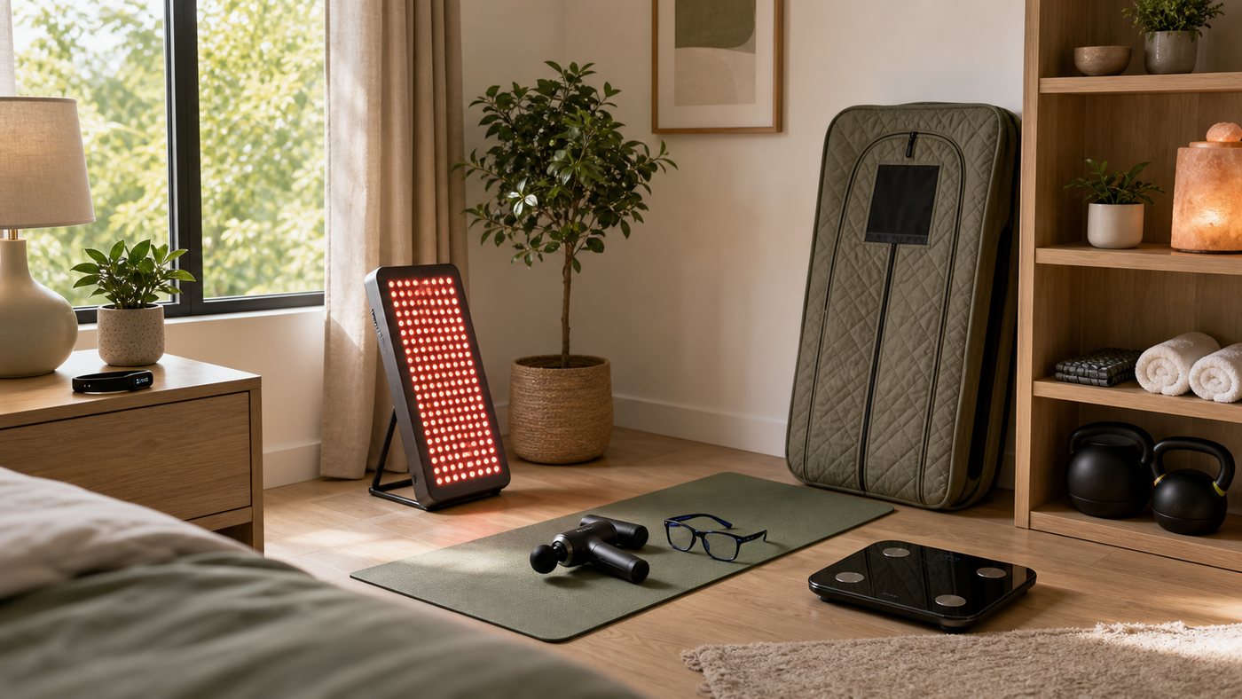 Wellness room with sleep tracker red light panel smart scale cold plunge and recovery tools