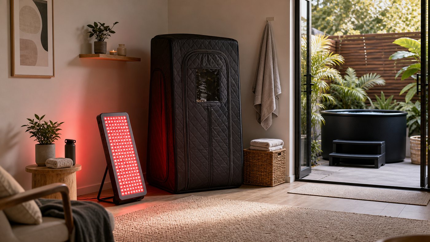 Home recovery area with red light therapy panel infrared sauna tent and outdoor cold plunge tub