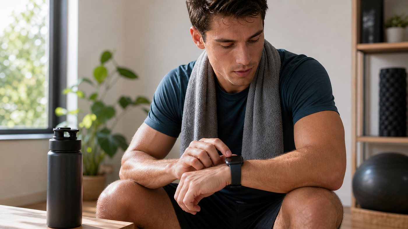 Athlete checking sleep recovery data on a wearable device after morning training