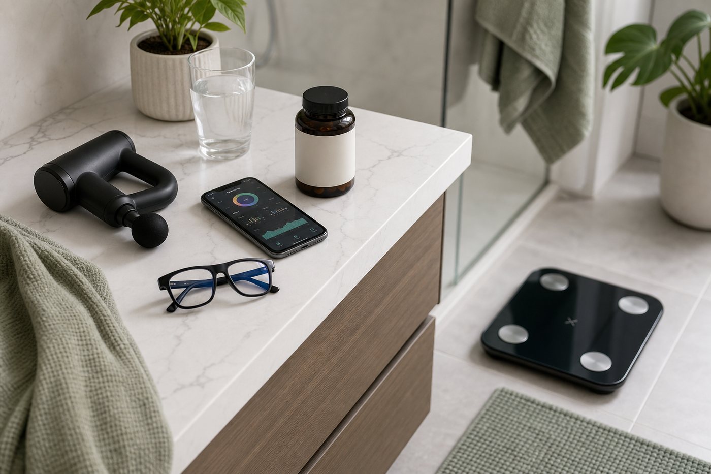 Smart scale massage gun blue light glasses and wellness tracking app on a clean bathroom counter