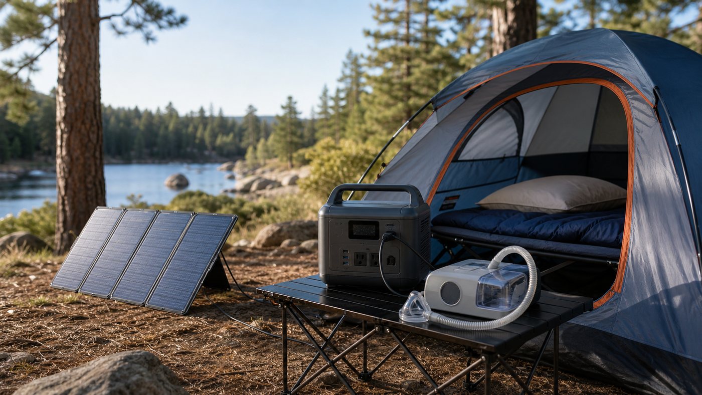 Portable power station running a CPAP beside a tent with solar panel charging at camp