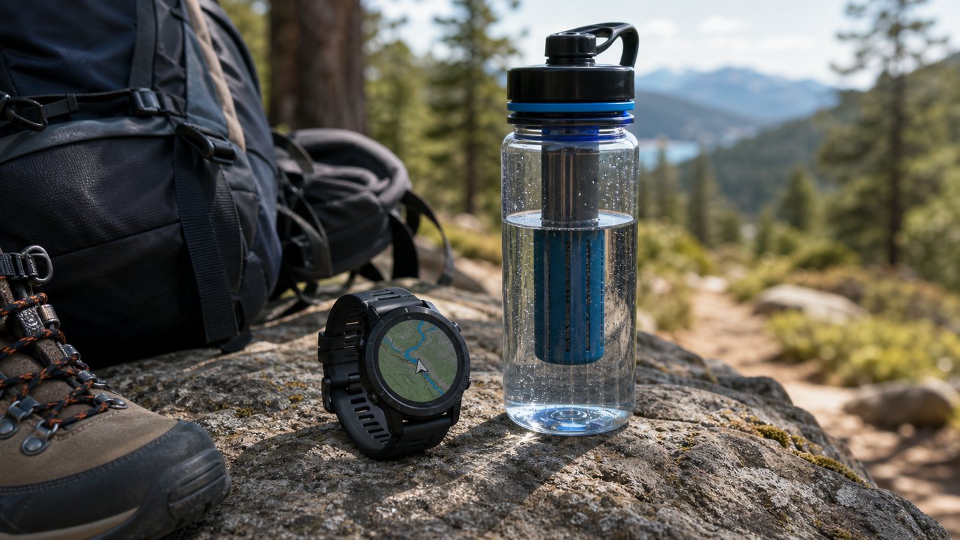 GPS smartwatch map beside water purifier bottle on a hiking trail