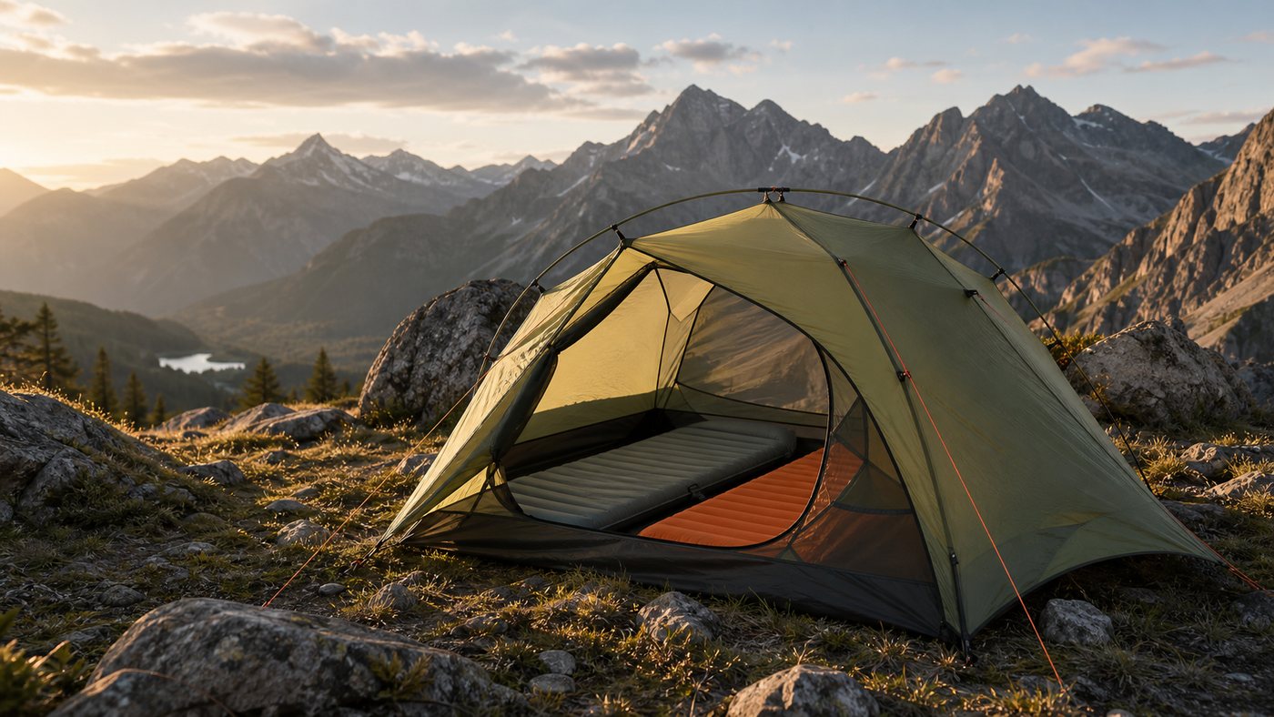 Lightweight two person backpacking tent with ultralight sleeping pads in mountain campsite