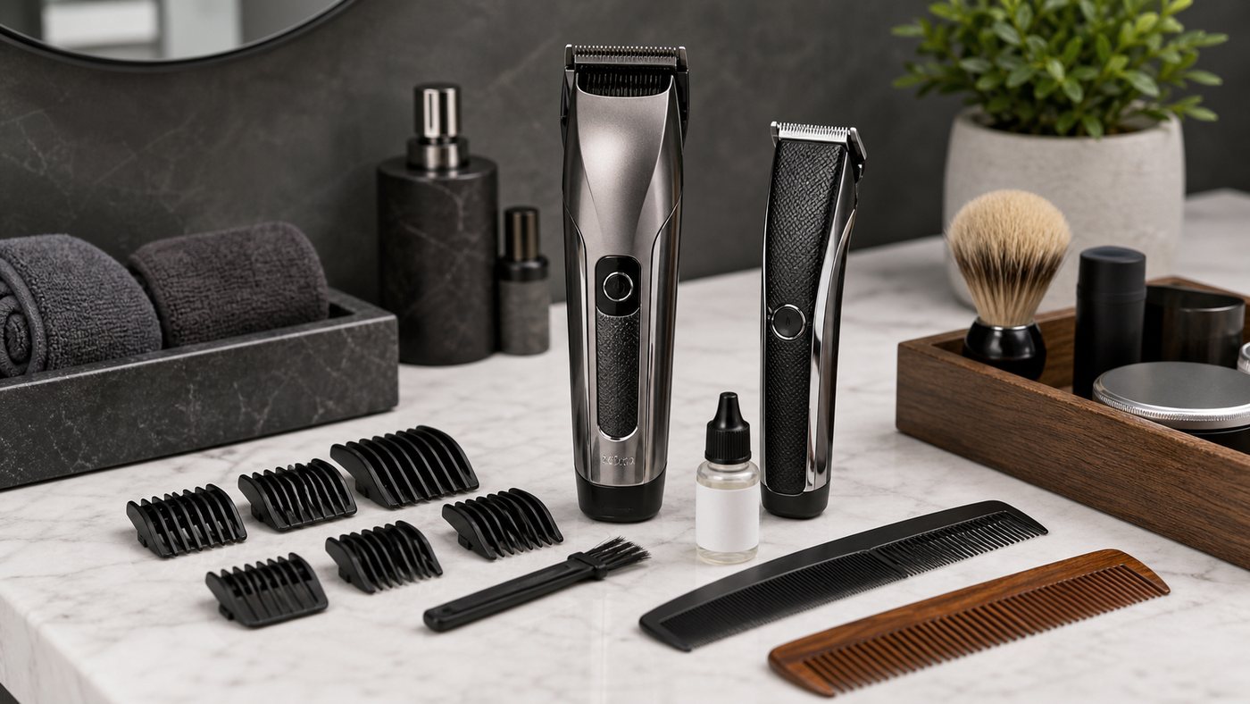 Premium beard trimmer and cordless hair clippers arranged with guards and grooming combs