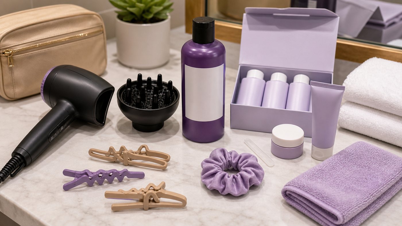 Travel blow dryer with diffuser purple shampoo and curl care products for color treated hair