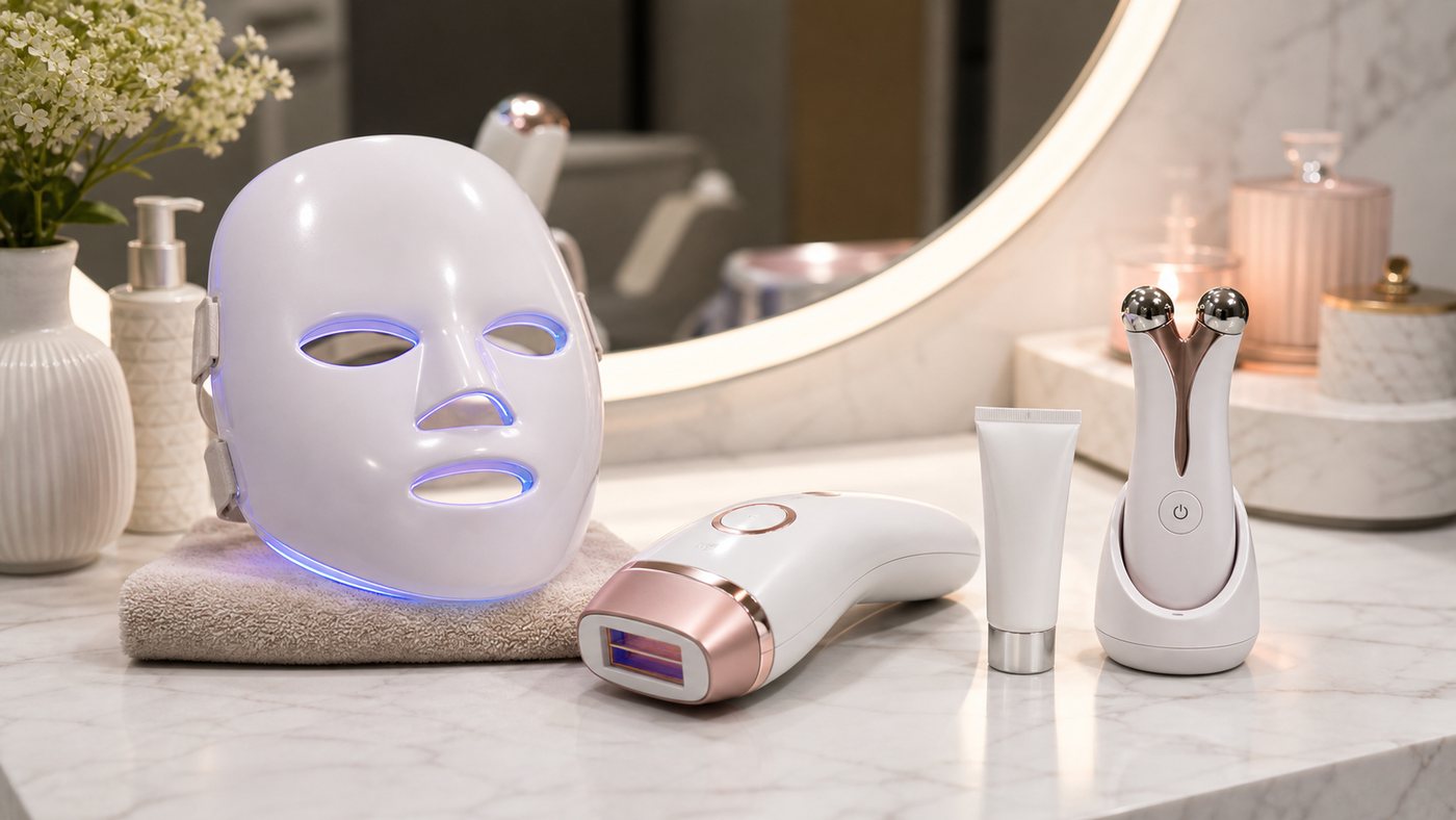 LED light therapy mask IPL hair removal device and microcurrent tool on a clean vanity