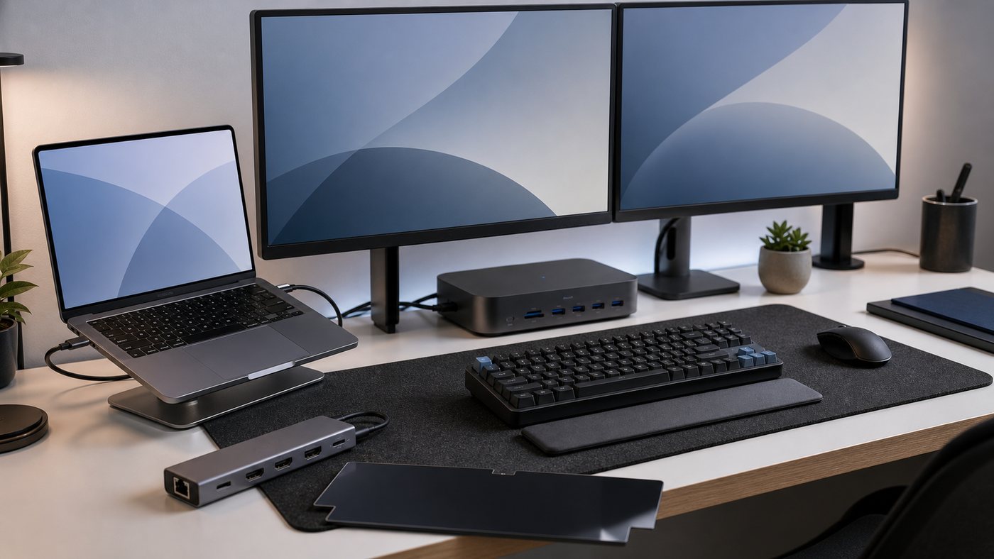MacBook workstation with Thunderbolt 4 dock dual 4K monitors tactile mechanical keyboard and USB-C hub