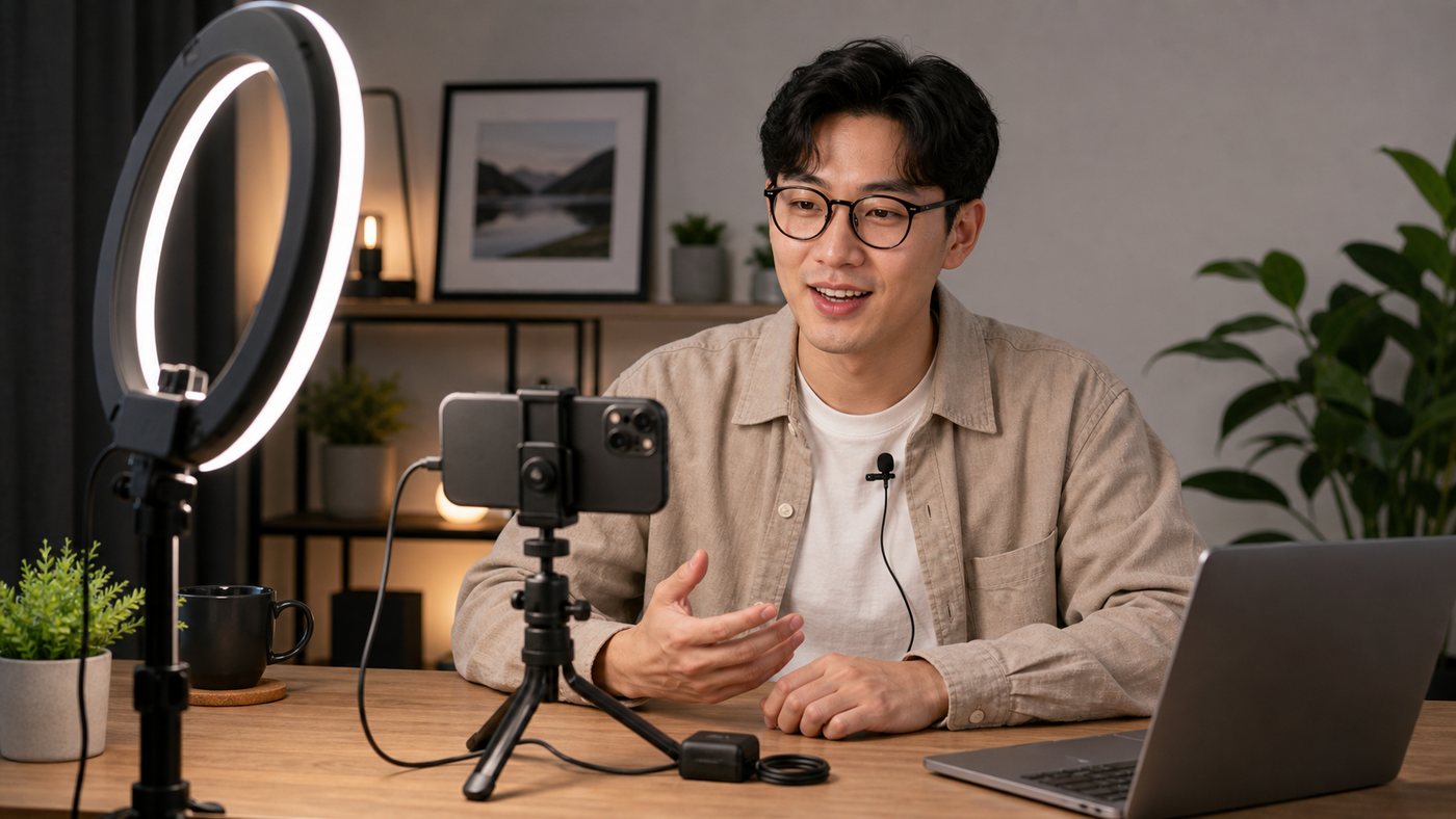 Creator video setup with soft ring light positioned for glasses and wireless lavalier microphone connected to iPhone