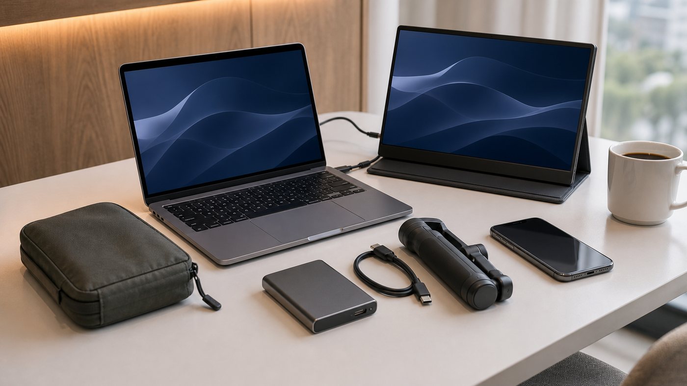 4TB external SSD smartphone gimbal and USB-C portable monitor on creator travel desk
