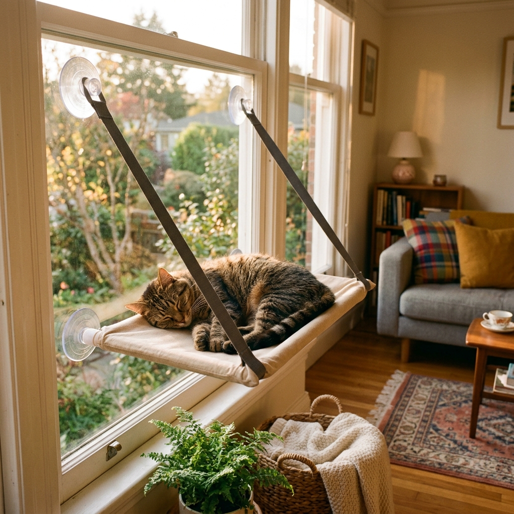 Cat relaxing on a window hammock with a sunny view