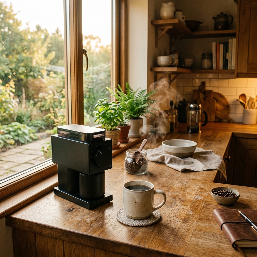 A peaceful morning kitchen scene with a sleek coffee grinder
