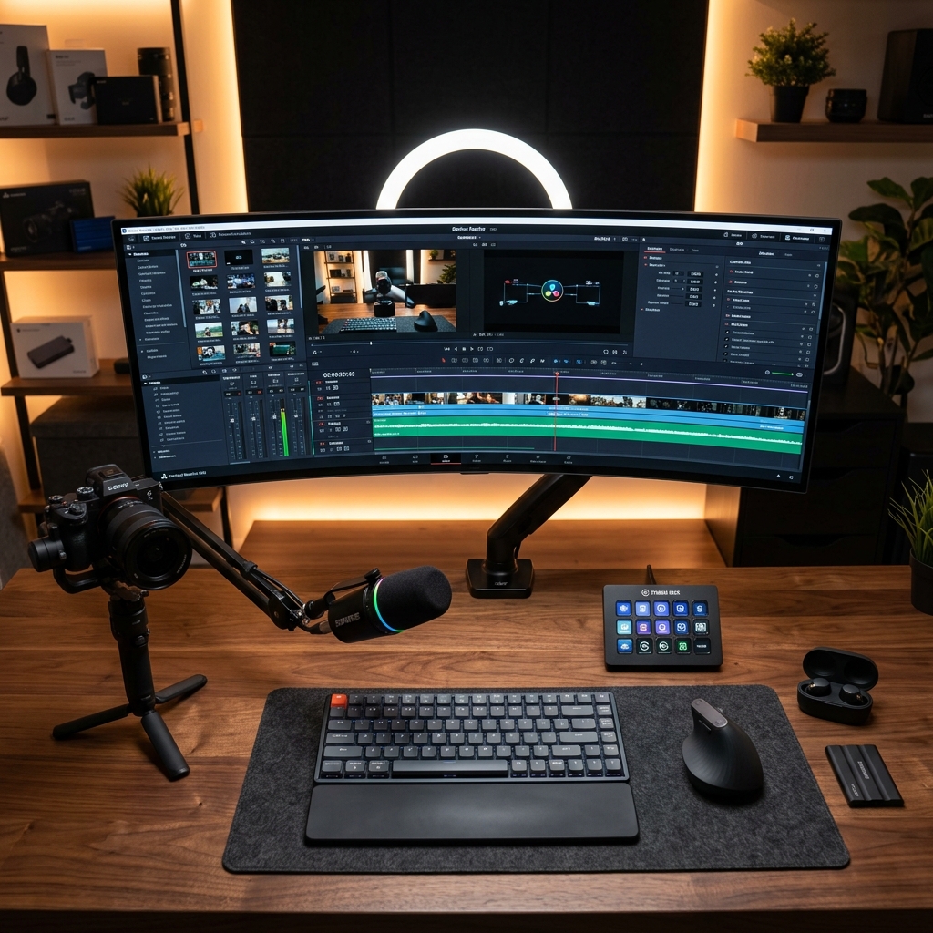 Beautiful flat-lay of portable 2026 tech accessories on dark charcoal linen — transparent wireless earbuds, foldable drone, AI voice recorder, USB-C hub, slim power bank, mini projector, smart AR glasses, and Bluetooth tracker