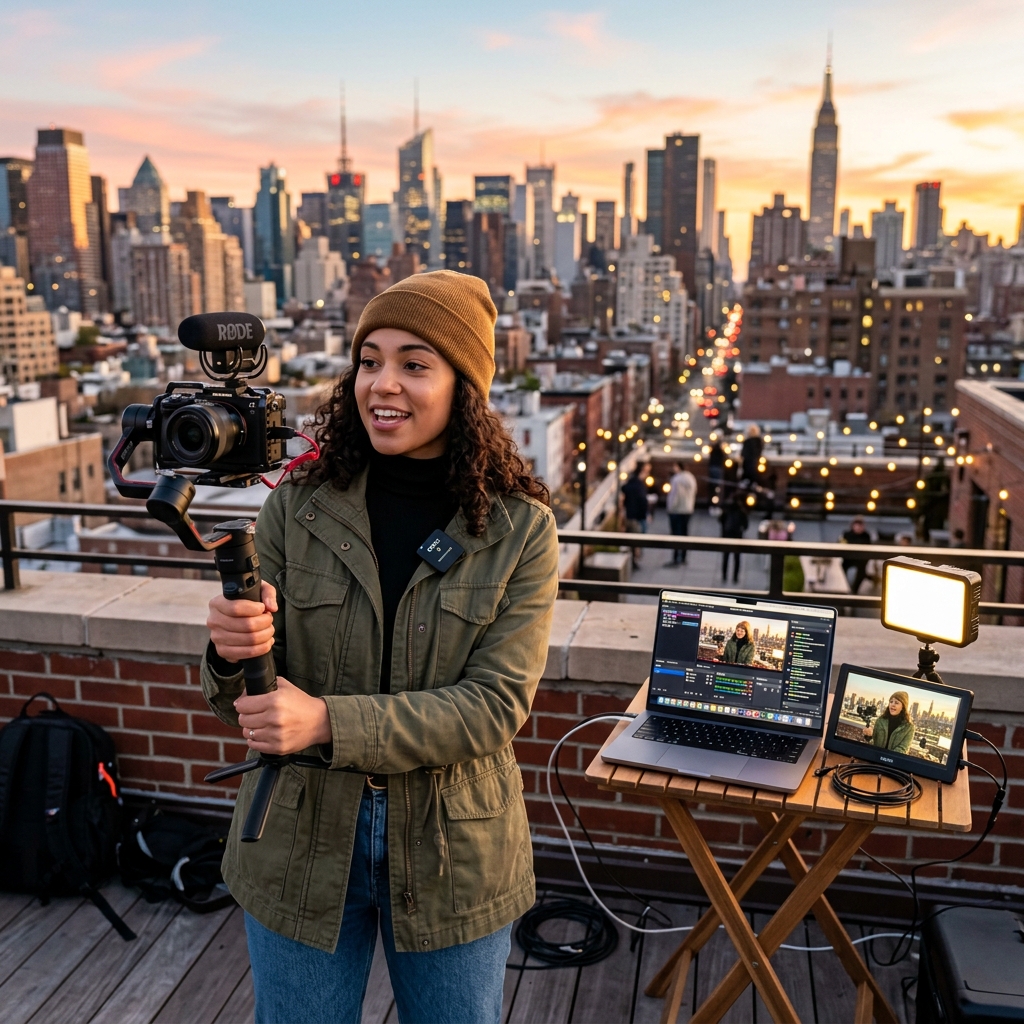Premium 2026 content creator desk setup — walnut desk with ultrawide curved OLED monitor showing video editing timeline, mirrorless camera on gimbal, USB-C condenser microphone, mechanical keyboard, stream deck, and wireless earbuds