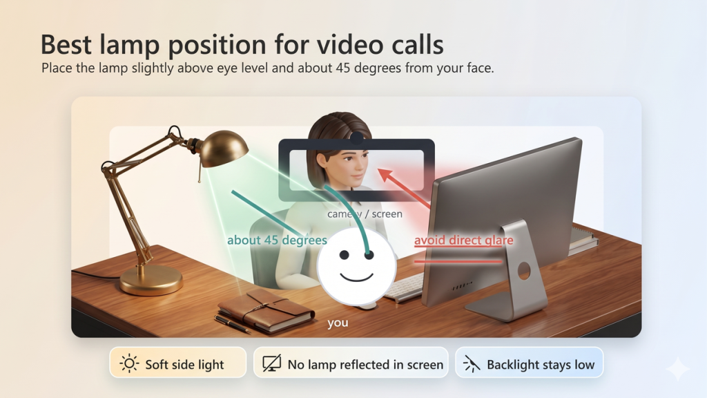 Desk lamp placement diagram showing side light for video calls