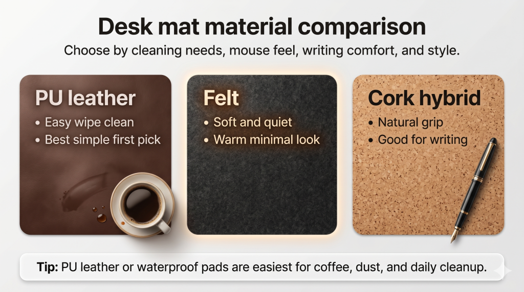 Desk mat material comparison for PU leather felt and cork hybrid
