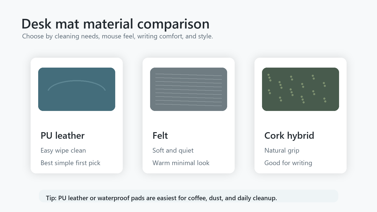 Desk mat material comparison for PU leather felt and cork hybrid