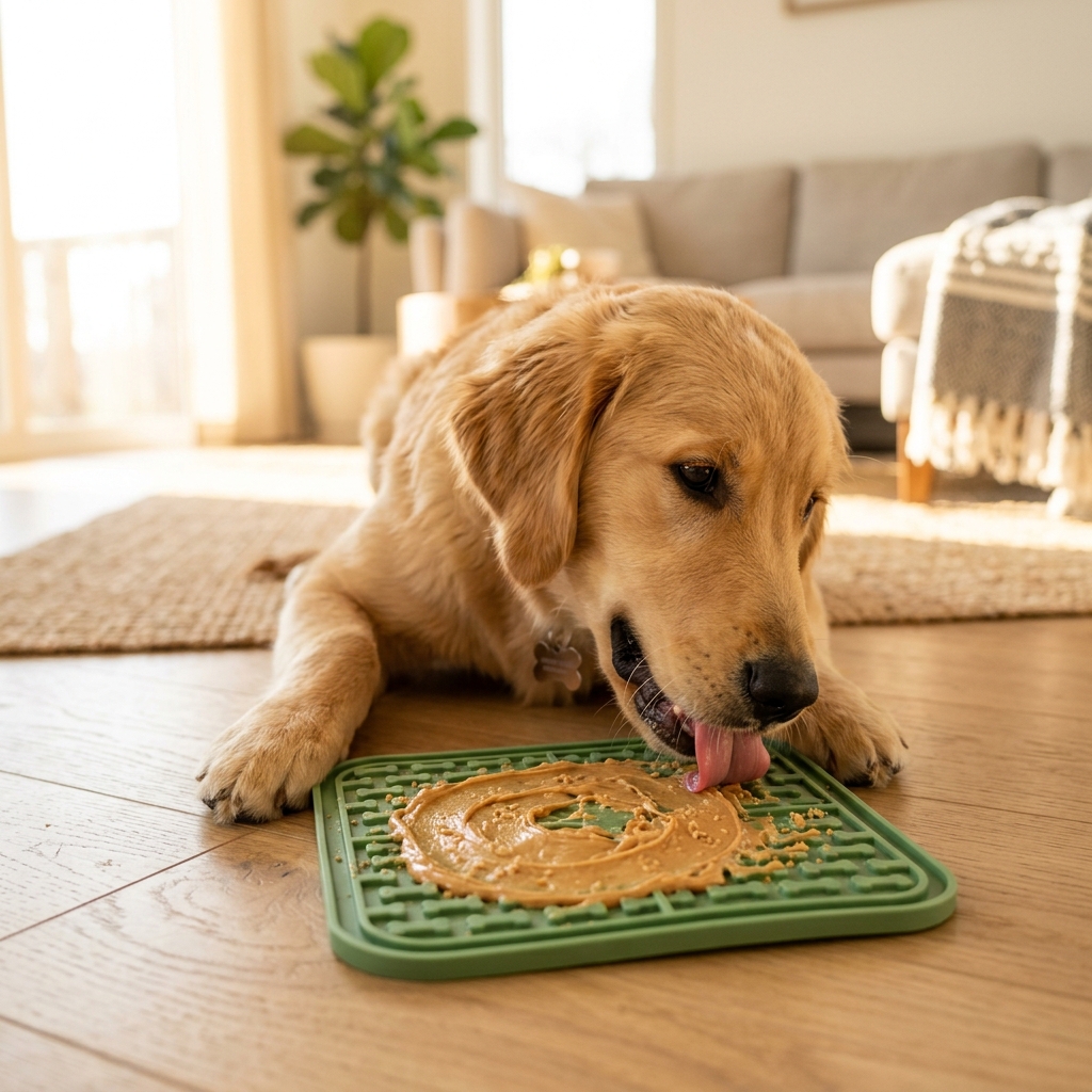 Dog using a silicone lick mat for calm enrichment