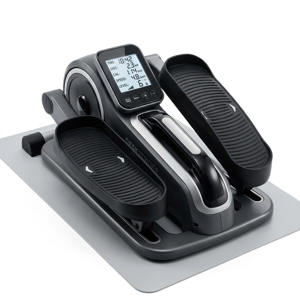 Close-up of elliptical pedals and digital display