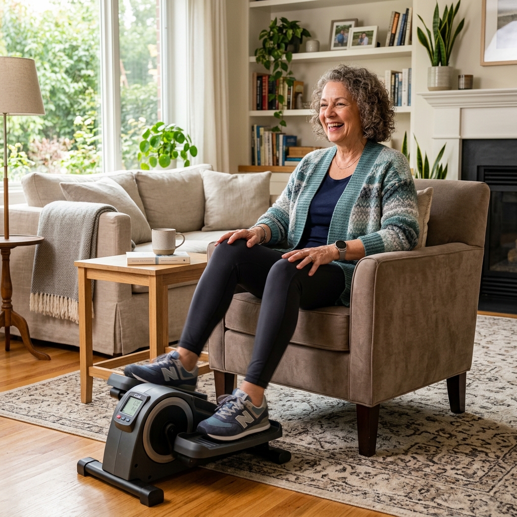 Senior using an under desk elliptical comfortably at home