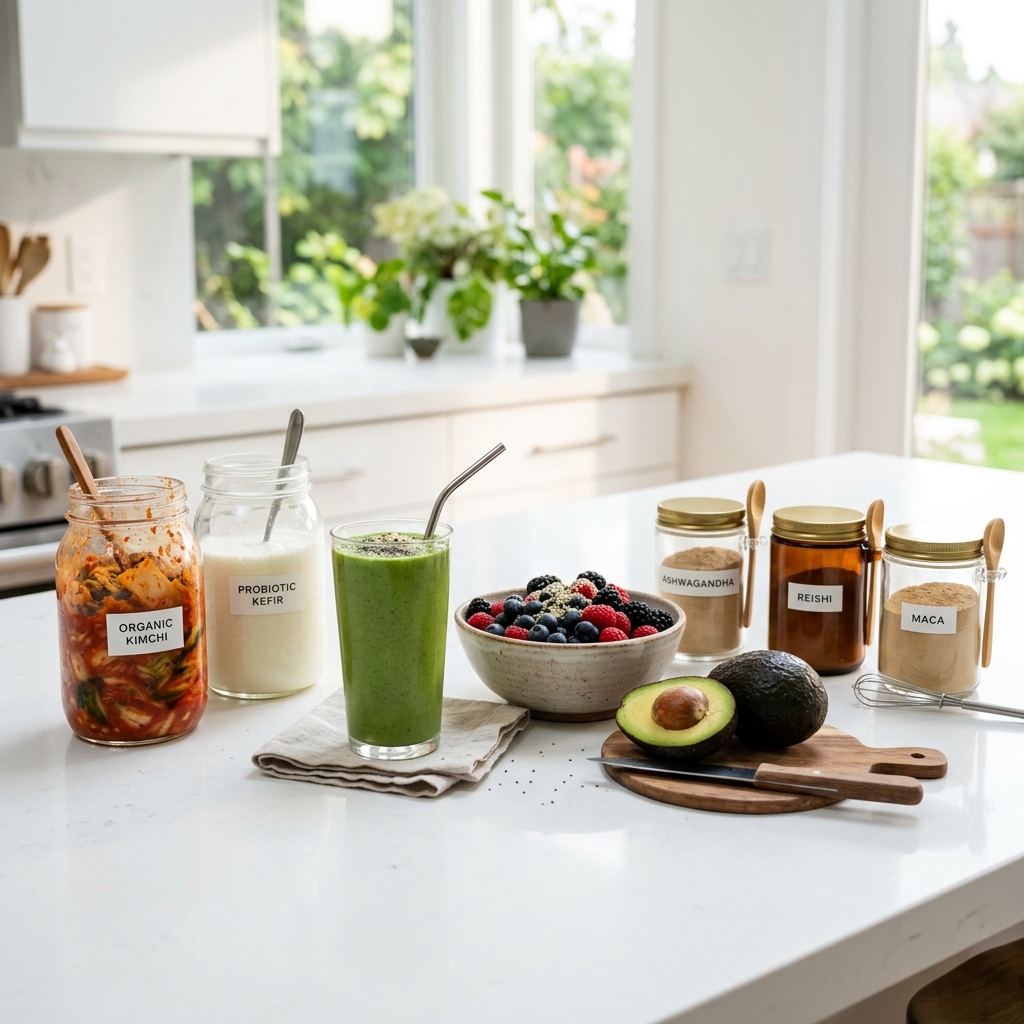 Bright, clean modern kitchen counter styled with functional foods including fermented foods, green smoothie, avocados, berries, and adaptogen jars
