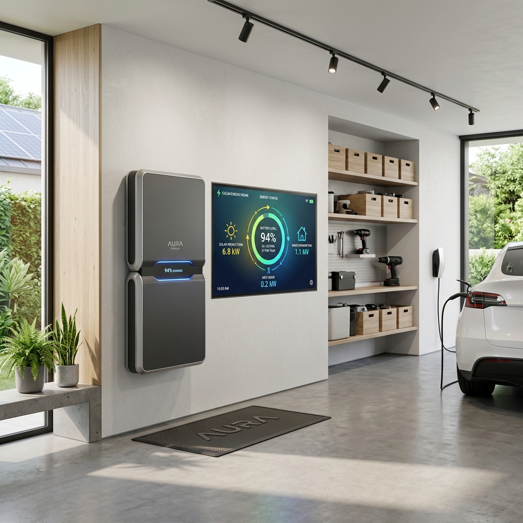 Sleek, minimalist wall-mounted home battery storage system with a digital smart energy dashboard showing clean energy flow