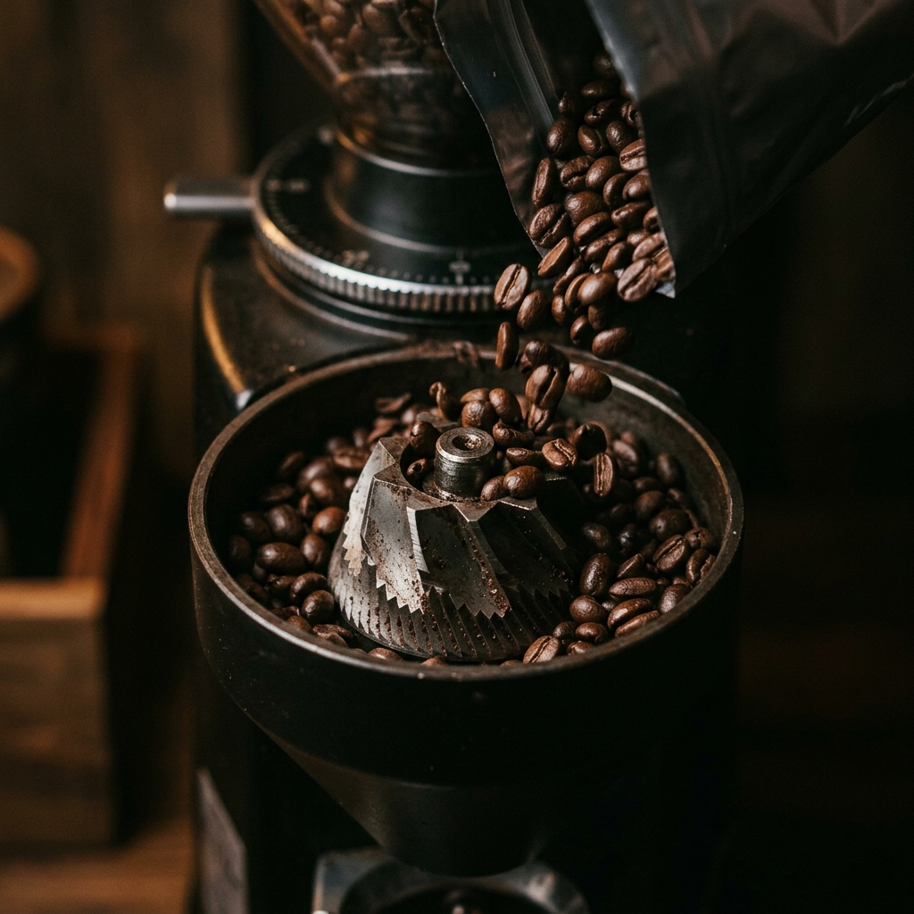 Close-up of premium coffee beans in a burr grinder