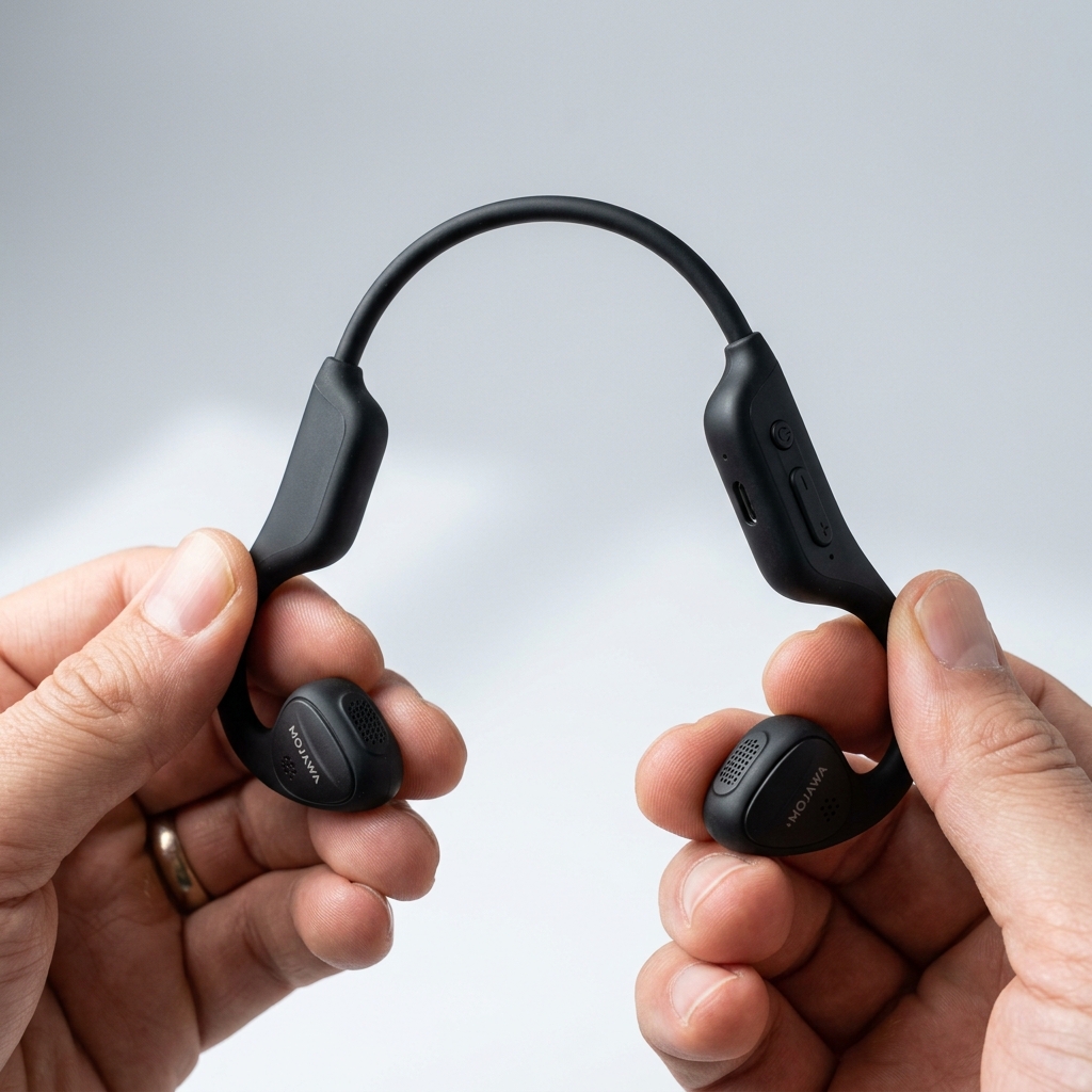 Close-up of bone conduction headphones flexing to show band elasticity