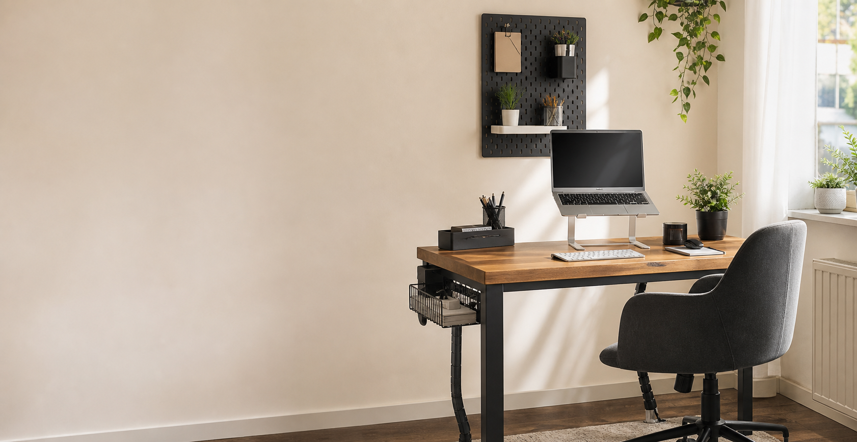 Organized small home office desk with cable management and storage accessories
