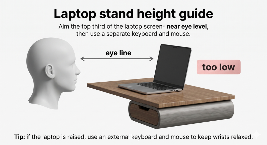 Laptop stand height guide showing eye line and external keyboard advice