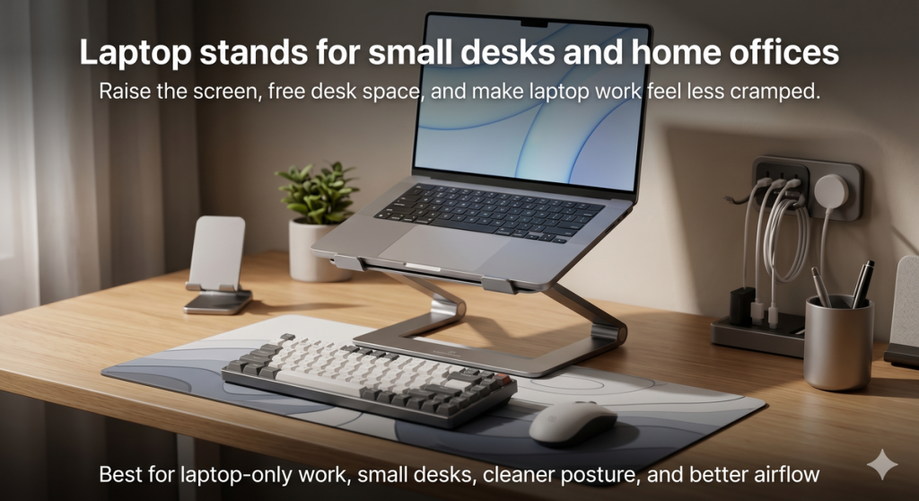 Laptop stand setup for a small desk and home office