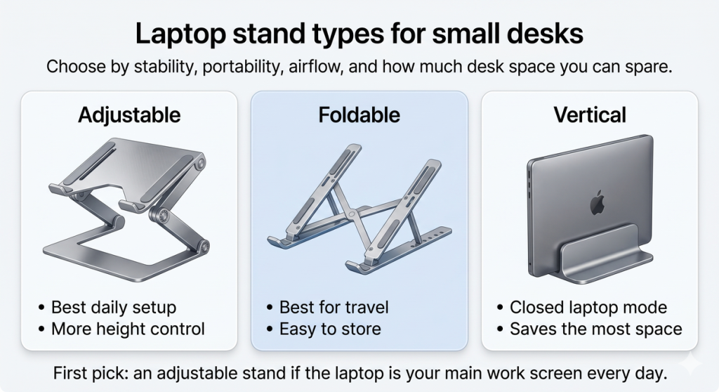Laptop stand types comparison for adjustable foldable and vertical stands