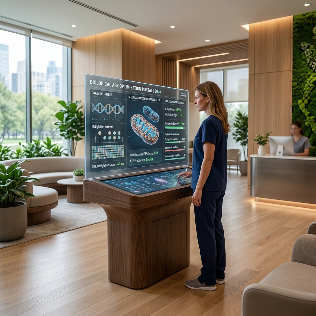 Sleek, modern longevity clinic in 2026 with biophilic design and a screen showing DNA and biological metrics