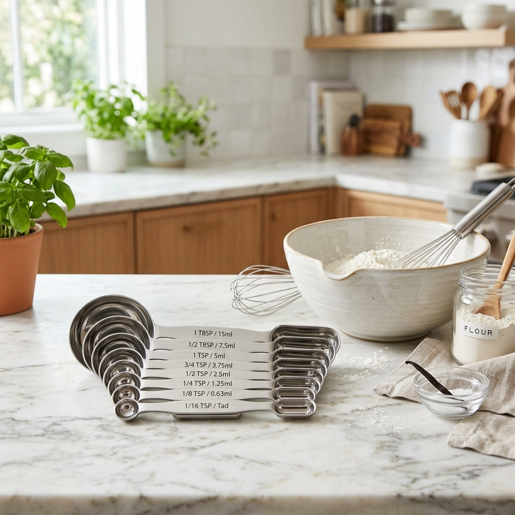 Magnetic measuring spoons neatly stacked in a kitchen drawer