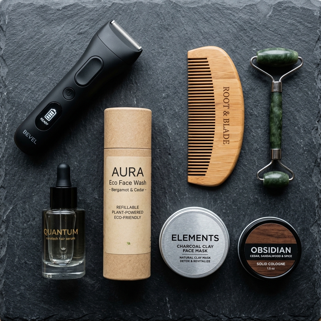 A modern man applying a luxury serum in a sleek smart bathroom with AI-powered skin analysis mirror and premium grooming products on a marble counter