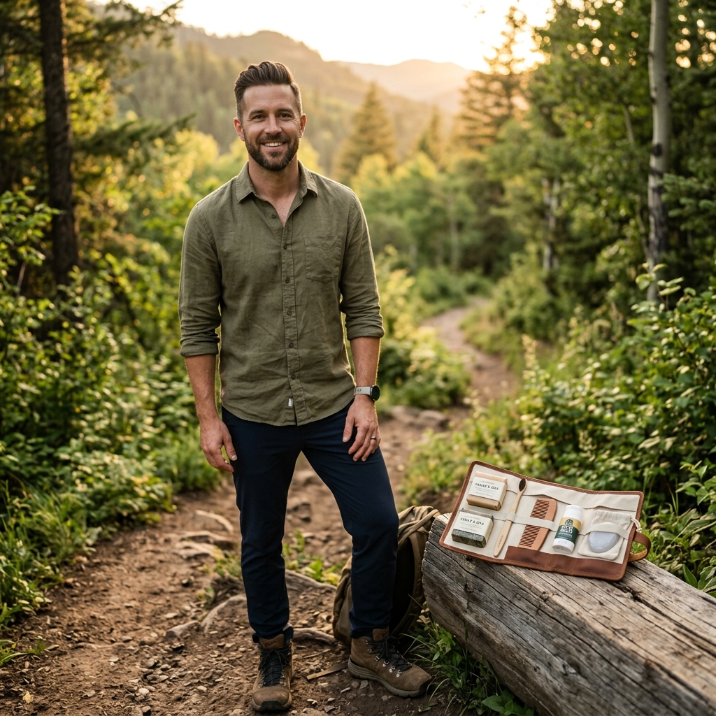 Premium men's grooming flat-lay on dark slate featuring a smart electric razor, nanotech hair serum, eco-friendly refillable face wash, bamboo beard comb, jade roller, clay mask, and solid cologne