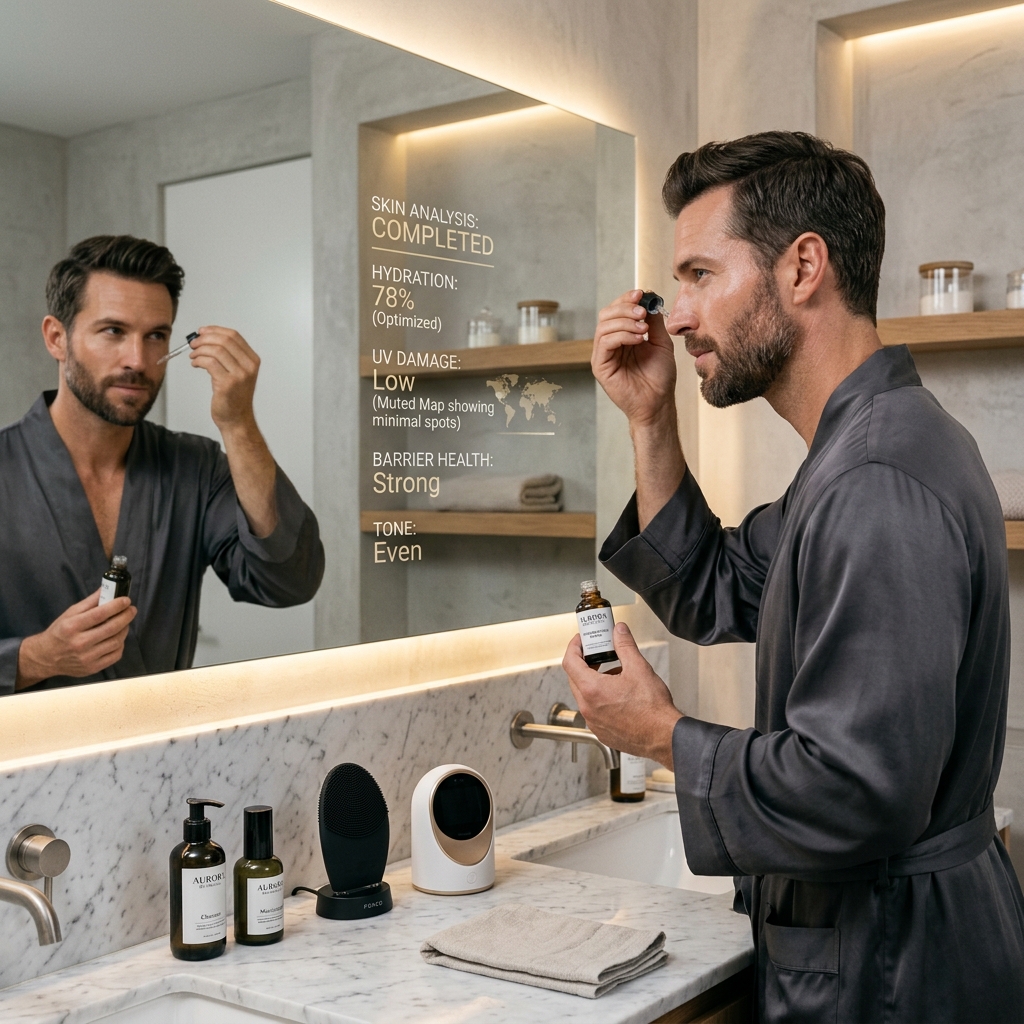 Cinematic overview of men's beauty and personal care in 2026 — a well-groomed man surrounded by AI skin analysis, premium skincare, smart grooming tools, and sustainable eco-packaging