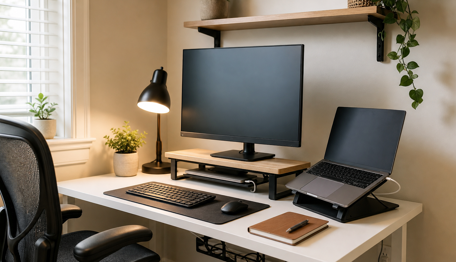 Small home office desk with monitor stand and simple cable organization
