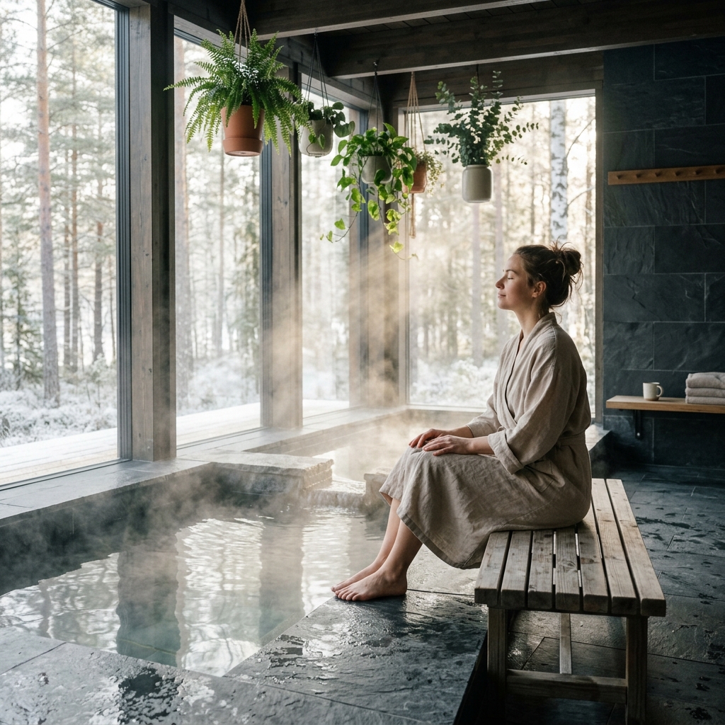 A peaceful indoor hot spring and Scandinavian sauna area with soft warm lighting, steam rising, and a person breathing deeply to regulate their nervous system