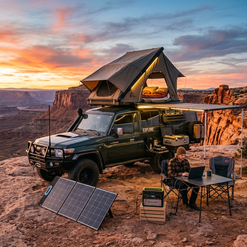 Stunning mountain campsite at golden hour with a sleek portable power station on a rock, connected to string lights, a camping fridge, and foldable solar panels