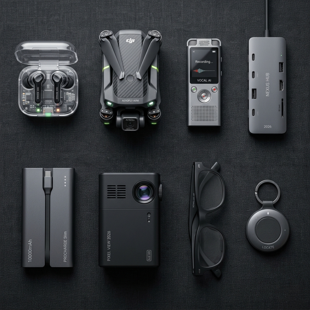 Cinematic panoramic overview of the 2026 world of electronics, tech accessories, and content creation tools — premium desk setup, dynamic content creator with AI holographic elements, wearable tech, and foldable drone