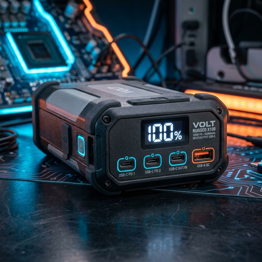 Close-up of a high-tech power bank showing 100 percent battery