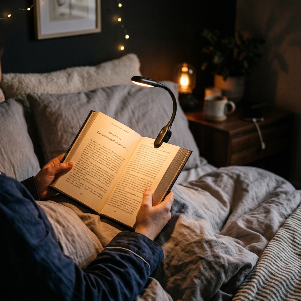 Rechargeable book light clipped to an open book for reading in bed