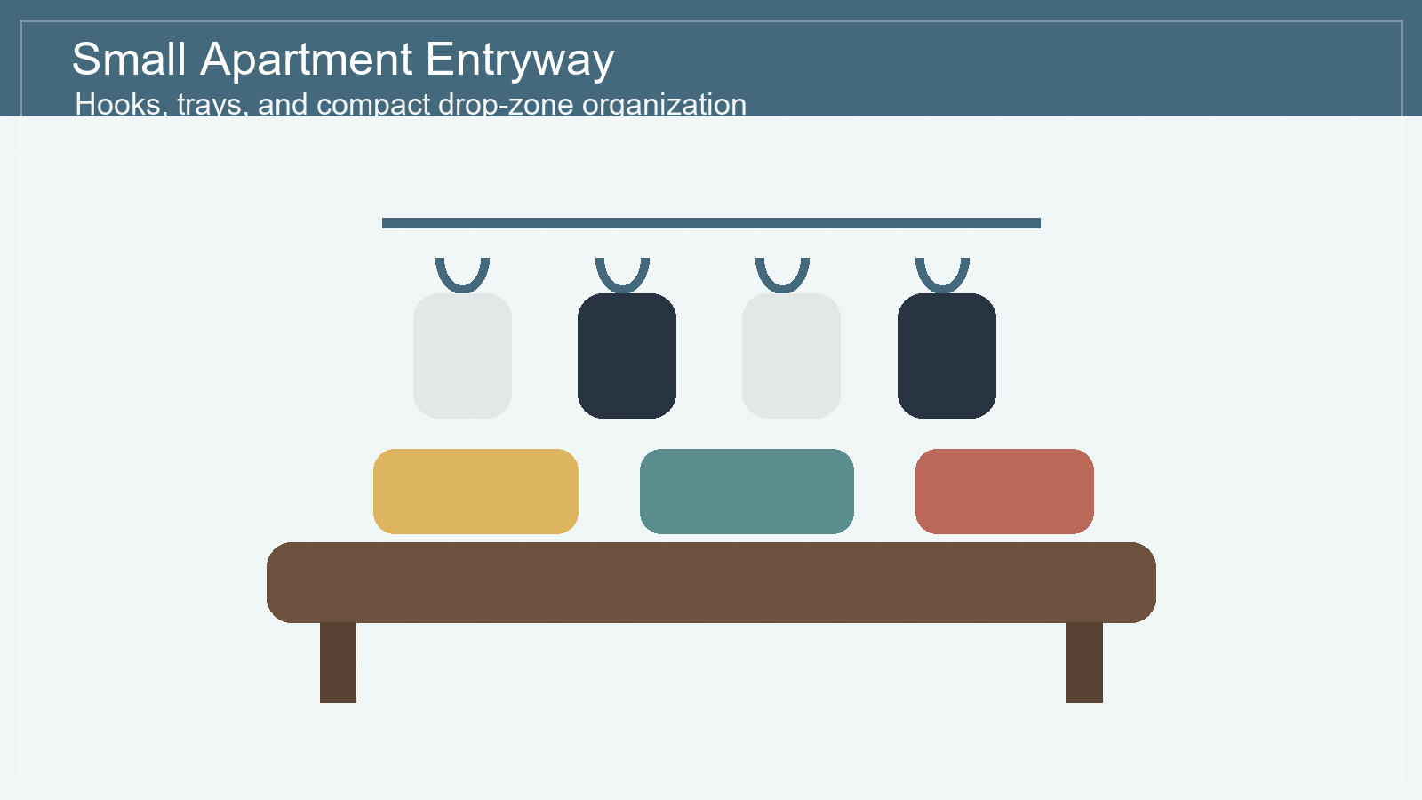 Small apartment entryway organization with hooks and trays