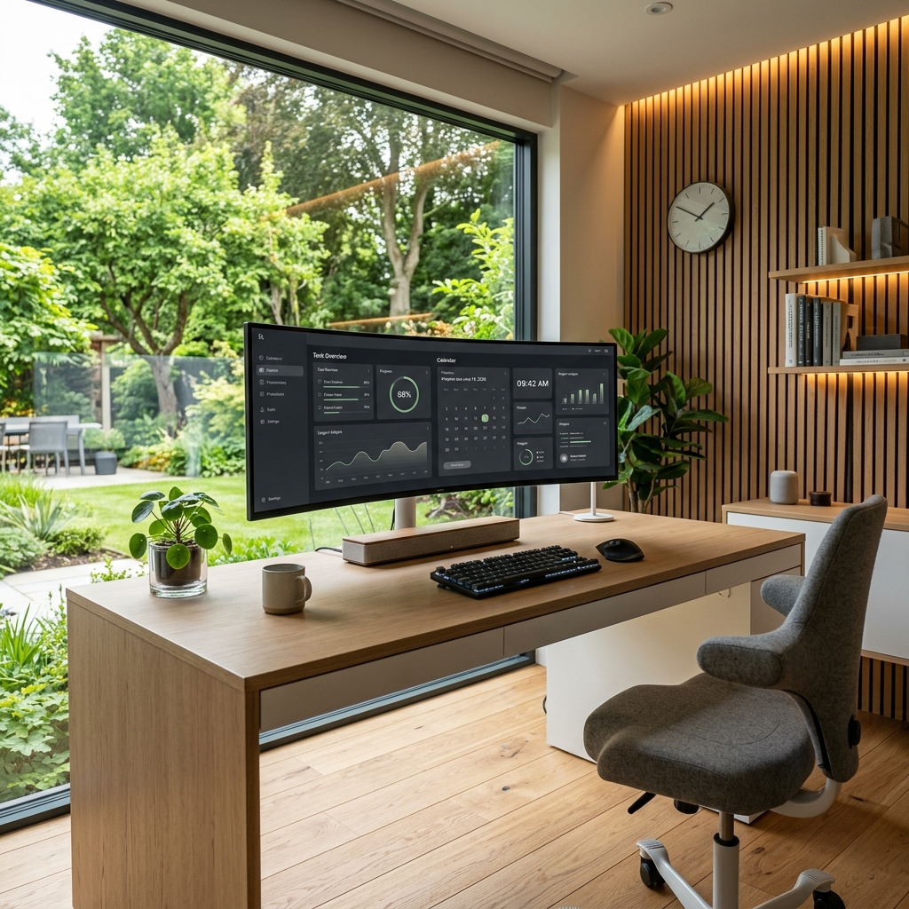 Sleek, ultra-modern Scandinavian-style home office in 2026 with smart ambient lighting, curved monitor, and minimalist desk